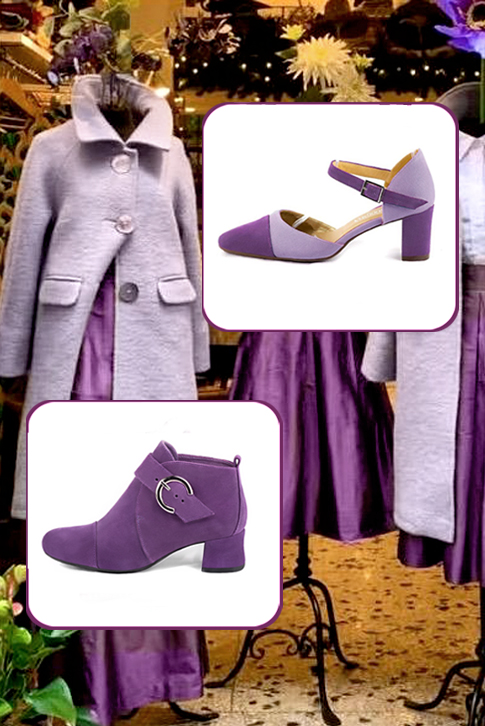 Amethyst purple women's ankle boots with buckles at the front. Round toe. Low flare heels. Worn view - Florence KOOIJMAN